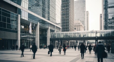 Modern city business core with sharp glass structures and blurred urban commuters.