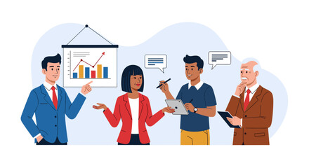Diverse business team collaborates on a project, analyzing a growth chart during a presentation, showcasing teamwork and strategy in a modern office setting.
