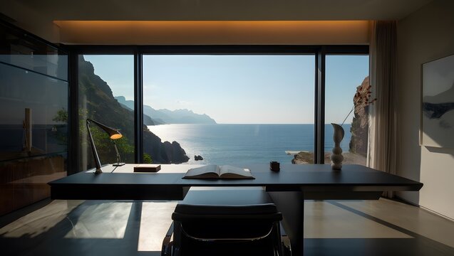 Modern desk overlooking ocean and mountains with open book and lamp office water