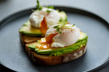 Delicious avocado toast with poached eggs, microgreens, and spices on a dark slate plate.