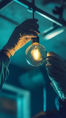 Gloved Hands Carefully Examining a Glowing Incandescent Light Bulb in a Dark Room