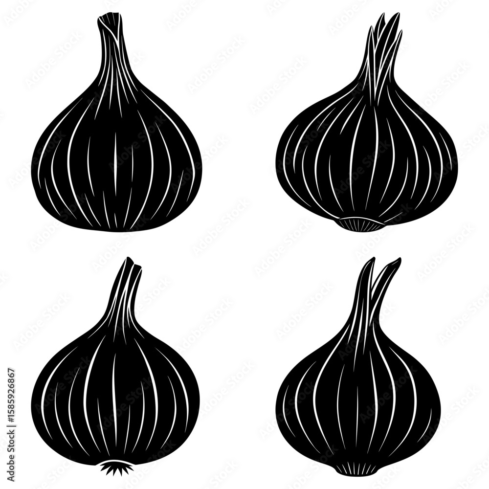 Poster four stylized black and white onions arranged in a square pattern on a white background image art