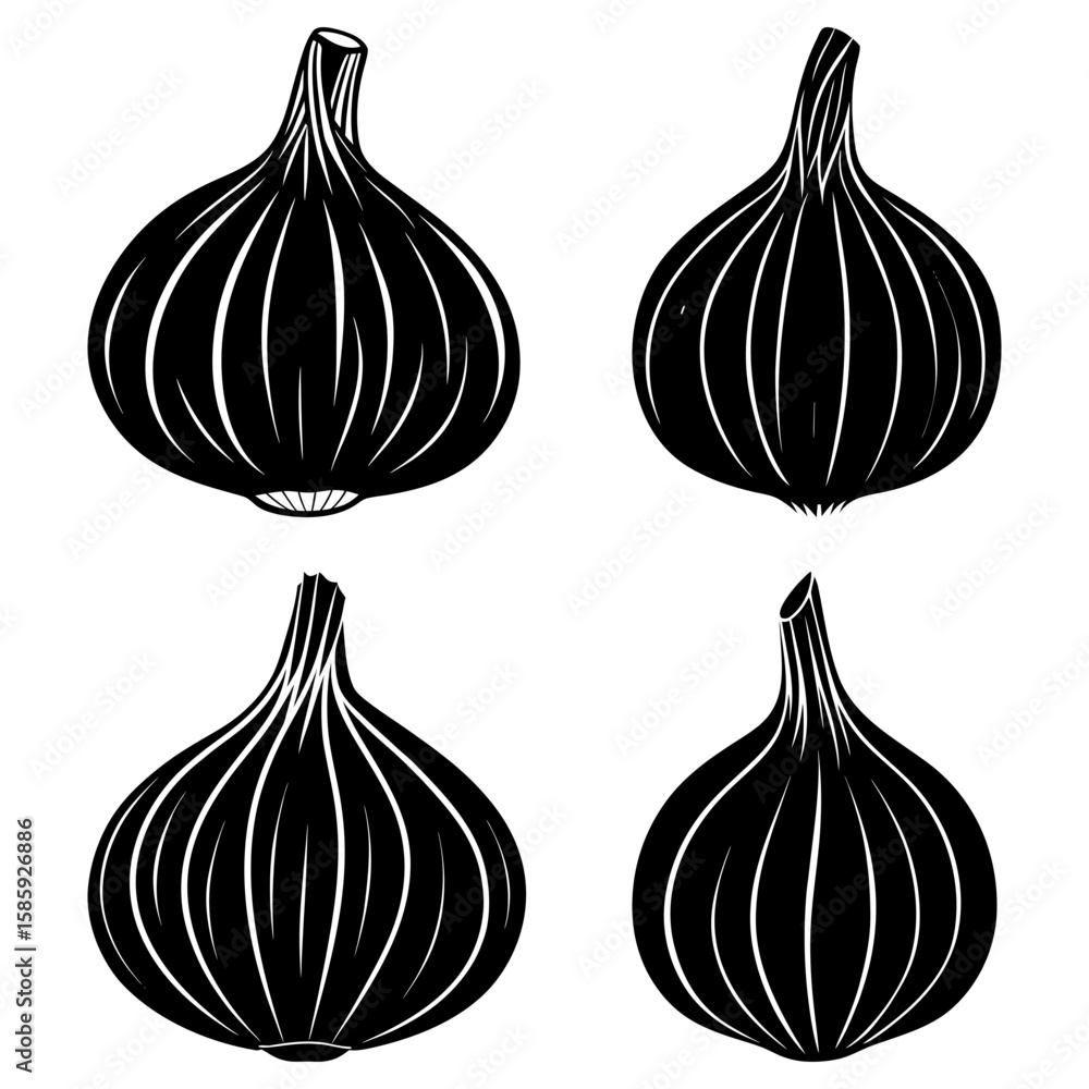 Poster four black and white onions with vertical lines arranged in a square format on a white background