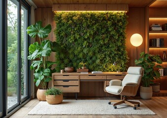 Modern home office with vertical garden and minimalist design for sustainable living
