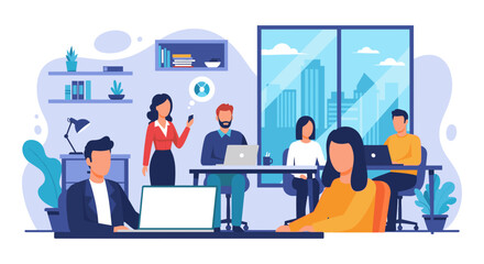 A diverse group of business professionals collaborates in a modern, open office environment with city views, presented as a clean flat vector illustration.