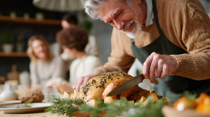 Elderly man carving turkey while smiling at family dinner gathering  