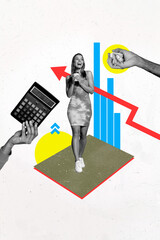 Creative 3D photo collage of hand hold calculator paper ball trash young lady stand hold coffee cup...