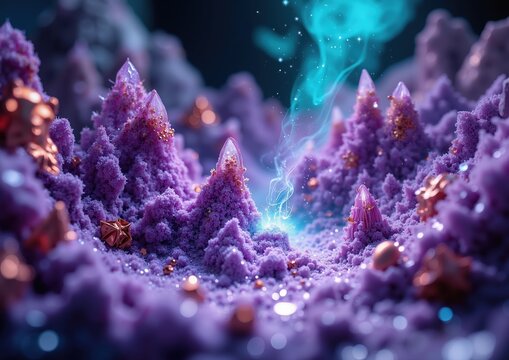 Enchanted crystal landscape with glowing mist for fantasy design and inspiration - Powered by Adobe