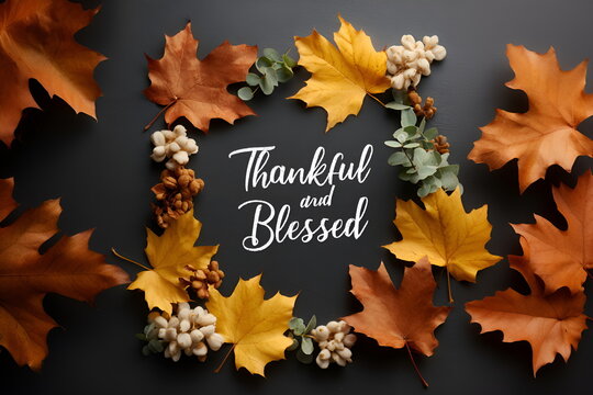 Autumn leaves decor with text "Thankful and Blessed" on black background