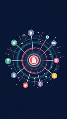 Network visualization with connected interface icons orbiting a central hub on a cosmic background.