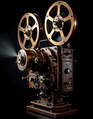Obraz premium Vintage film projector with intricate gears and brass finish in dark setting - retro cinema and steampunk aesthetic for design projects