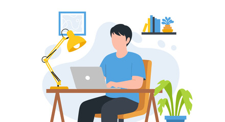 Fototapeta premium An illustrated depiction of a man working on a laptop at his desk, with a lamp, books, and a potted plant in a bright, modern office setting.