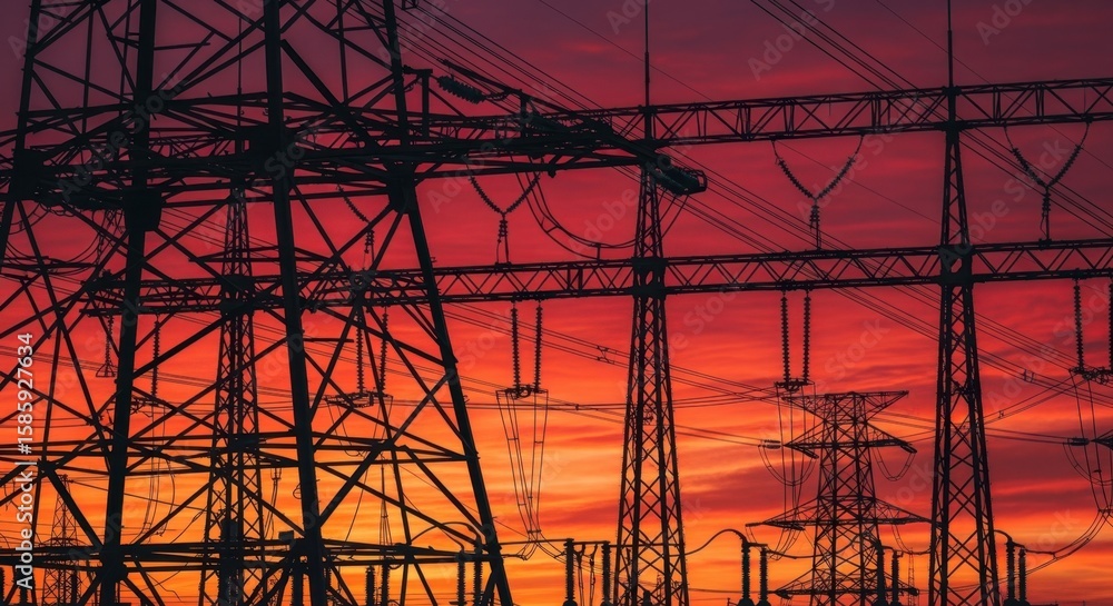 Poster evening sky blending deep reds and yellows behind a network of power lines and towers.