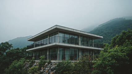 Modern glass building nestled in lush green mountain scenery