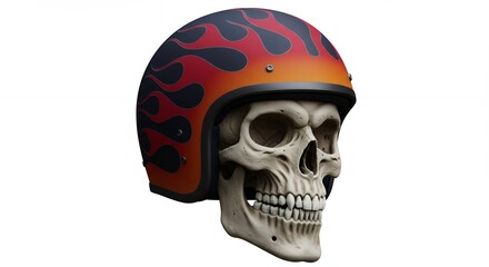 Skull in motorcycle helmet with flame design