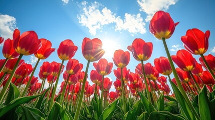 Fototapeta premium Red tulips in a field, sunlit