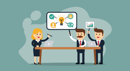 Three business professionals collaborate during a meeting, presenting innovative ideas and analyzing growth strategies in a modern office setting.