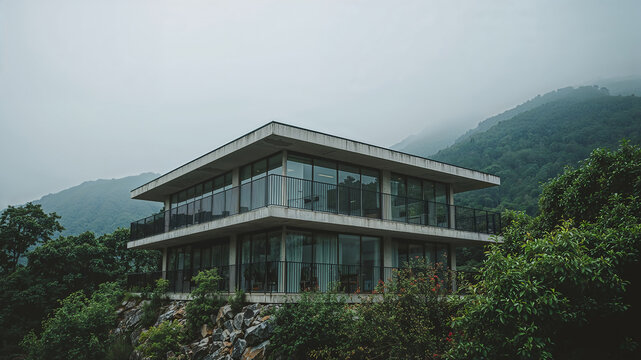 Modern glass building nestled in lush green mountain scenery