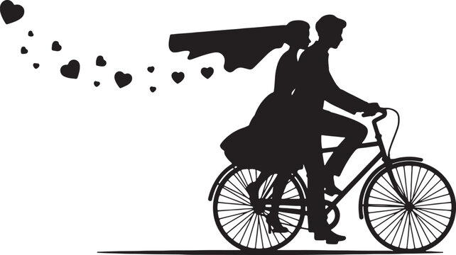 Bride and groom cycling with hearts wedding couple - Powered by Adobe