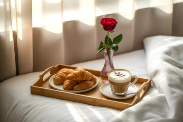 Romantic Bed Tray Breakfast: Croissants, Latte Art, and Rose