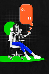 Sketch pop image sketch vertical collage of happy girl sit chair speak bubble communication speech...