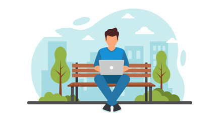 A young man sits cross-legged on a park bench, working on his laptop, surrounded by trees and buildings in a modern, flat vector illustration style.