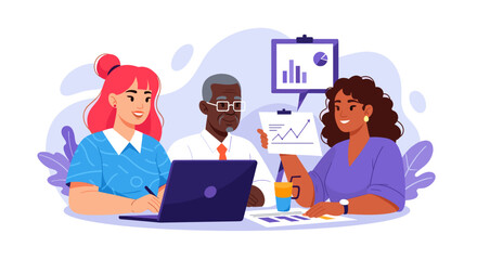 A diverse team of professionals collaborates on a business project, analyzing data and charts in a modern, illustrative style.