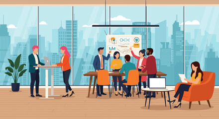 Diverse business professionals collaborate during a productive meeting in a modern office with a panoramic city skyline view.