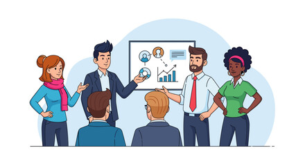 A diverse team of business professionals collaborates during a presentation, discussing charts and data on a whiteboard in a modern office setting.