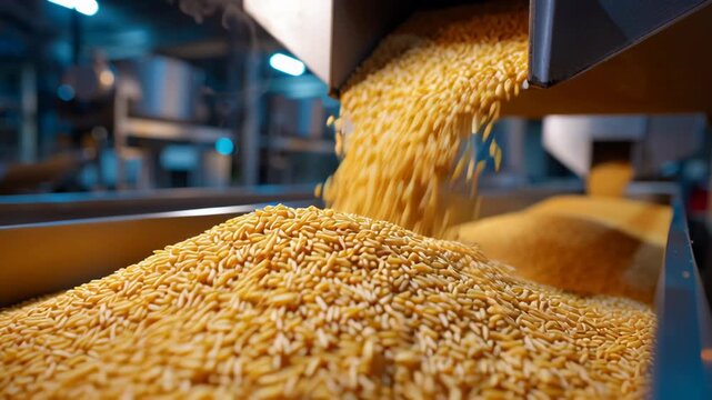 Yellow corn grain pouring from industrial machine in agriculture factory with grain processing conveyor belt for food production