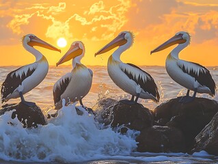 Four Pelicans on Rocks at Sunrise with Ocean Waves and Golden Sky
