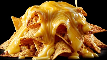 Crispy nachos topped with melted cheese as rich sauce drips from above, captured in delicious slow motion for a mouth-watering visual experience