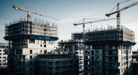 Elevated perspective on scaffoldingenveloped concrete buildings framed by crane arms and clear sky.