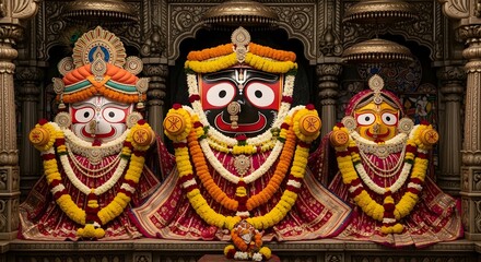 Ornate Jagannath Trinity Adorned deities, vibrant hues, intricate details, resplendent in sacred temple setting. A breathtaking display of faith and artistry.