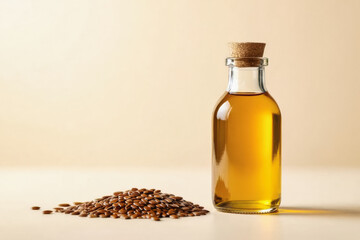 A glass bottle filled with golden liquid sits beside a pile of flax seeds on a neutral beige surface.