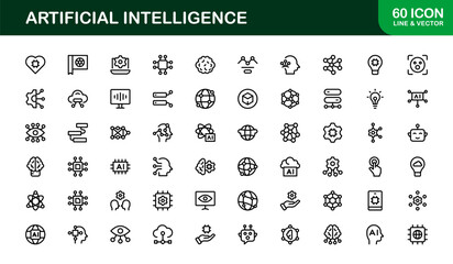 Artificial Intelligence Icon Set – Futuristic Vector Illustrations Featuring AI Technology, Machine Learning, Neural Networks and Robotics