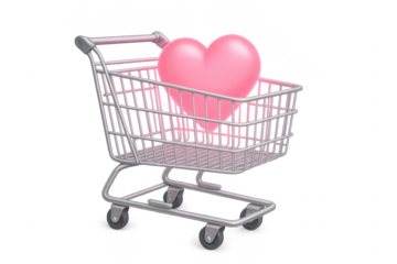 Shopping cart carrying a big pink heart with transparent background