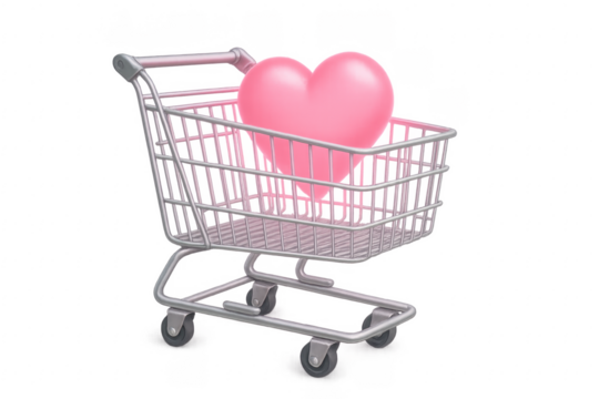 Shopping cart carrying a big pink heart with transparent background
