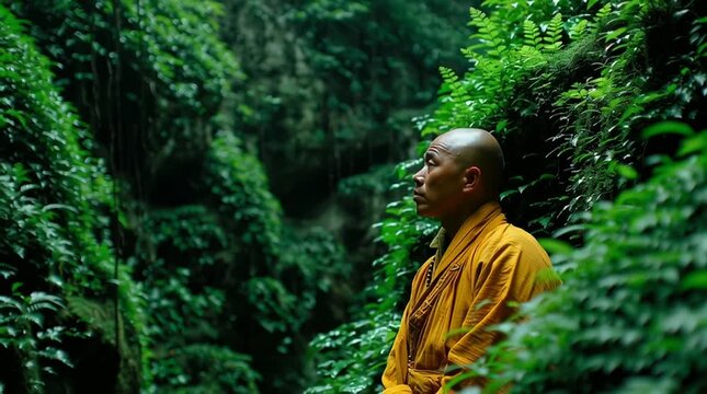 A serene Chinese shaolin monk meditates in a lush forest, surrounded by nature and silence, captured in peaceful, cinematic motion