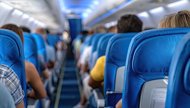 an airplane cabin with blue seats and people sitting in their chairs, an interior shot from the back. - Powered by Adobe