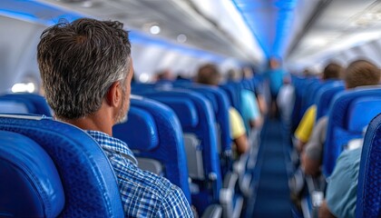 Interior of an airplane with blue seats and people sitting in the back