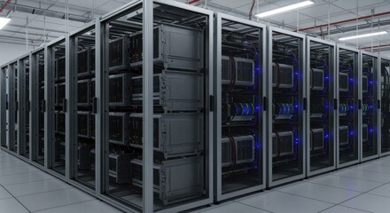 Industrial data processing center racks loaded with advanced computing units.