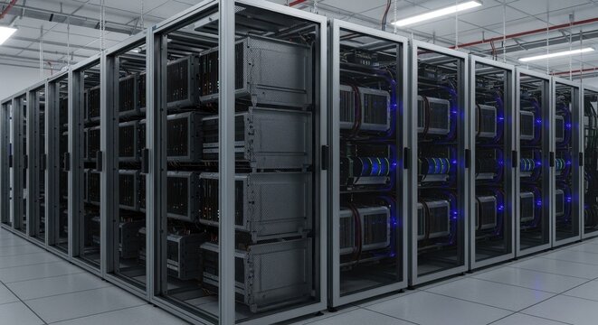 Industrial data processing center racks loaded with advanced computing units.