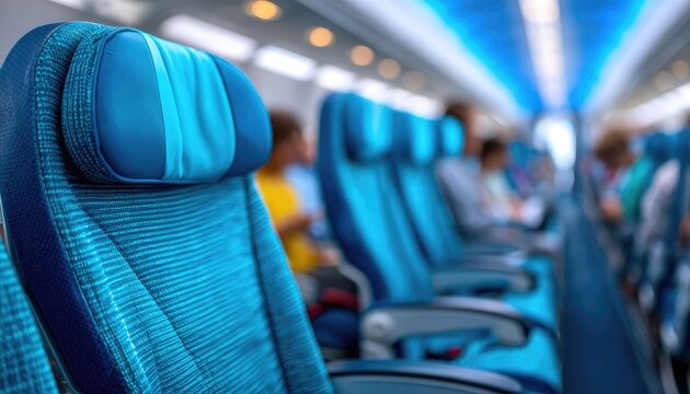 Interior of an airplane with blue seats and people sitting in the back - Powered by Adobe