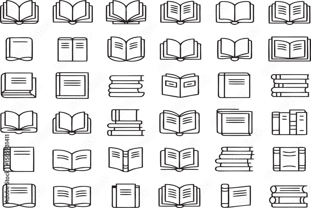 Poster minimalist line art icons of various objects and symbols on white background vector