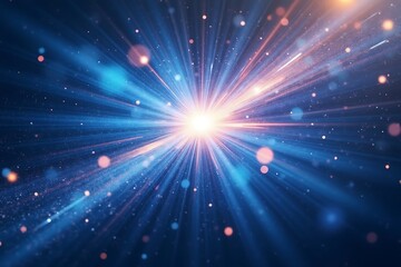 Bright starburst light explosion with blue and orange rays and bokeh energy