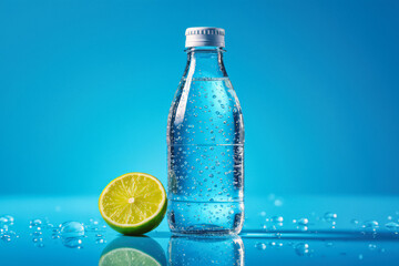A clear glass bottle filled with water and a lime wedge sit on a reflective blue surface, surrounded by scattered droplets.