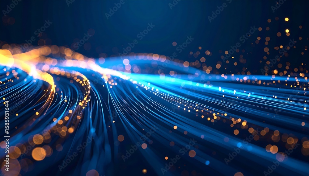 Poster abstract digital design with flowing lines and particles. dynamic, glowing light trails