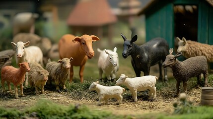 Farm Animal Toy Figurines Featuring Sheep, Goats, and a Calf on Green Grass