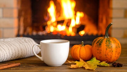 Cozy autumn scene by a fireplace
